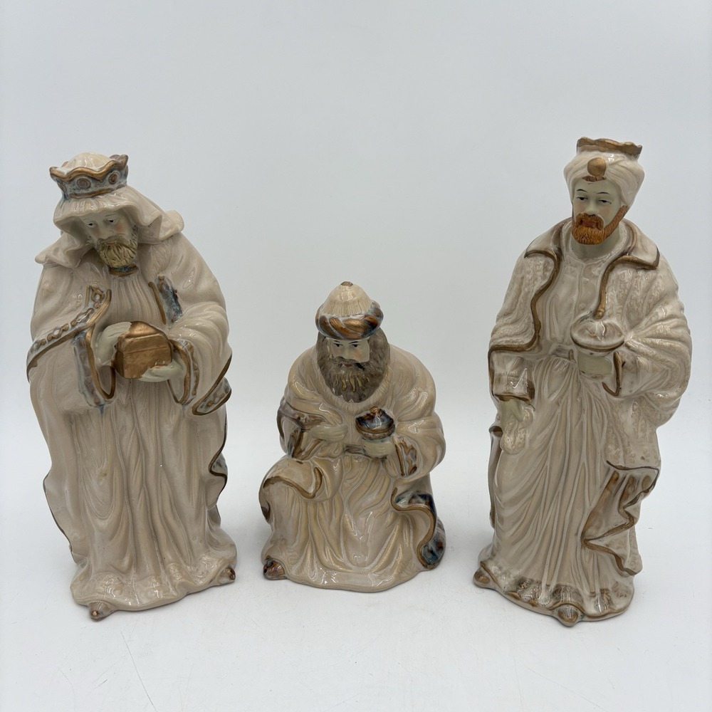 VTG Porcelain‎ 3 Wise Men Figurines Nativity HandPainted Ivory Gold Large 10"